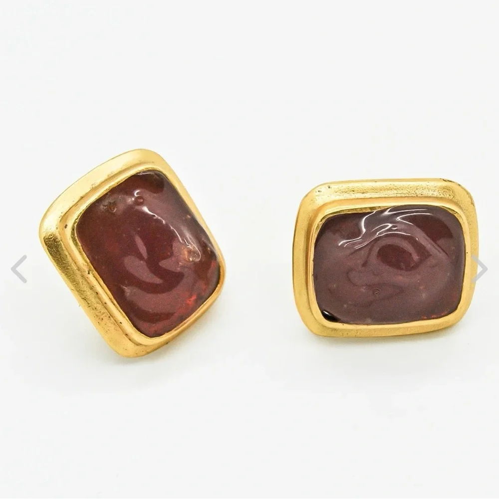 Yves Saint Laurent YSL Vintage Gold Clip On Resin Earrings France Haute Couture - Picture 2 of 7